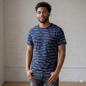 Champion Mens Navy Blue All Over Script Logo Print T-Shirt Medium Crewneck Tee